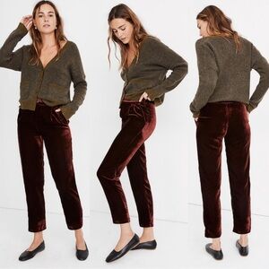 Madewell Velvet Burgundy Tapered Pleat Pull-On Pants Trousers